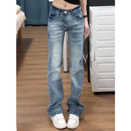 蓝色显高显瘦弹力直筒牛仔裤女