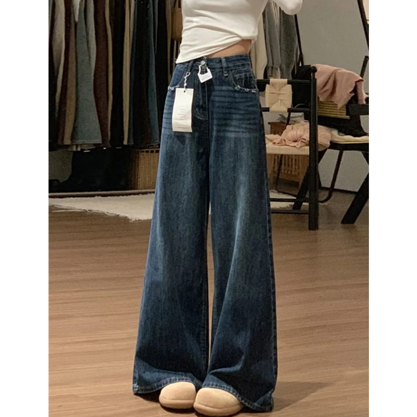 150小个子复古慵懒风松弛感牛仔裤女百搭宽松显瘦显瘦直筒阔腿裤