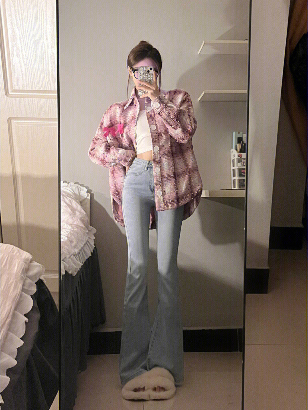 150小个子微喇叭马蹄裤女秋季高腰弹力修身微胖显瘦牛仔九分裤xs