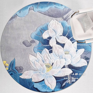 新中式羊毛客厅卧室床尾毯牡丹荷花蓝莲花圆形拜打坐禅舞佛堂地毯