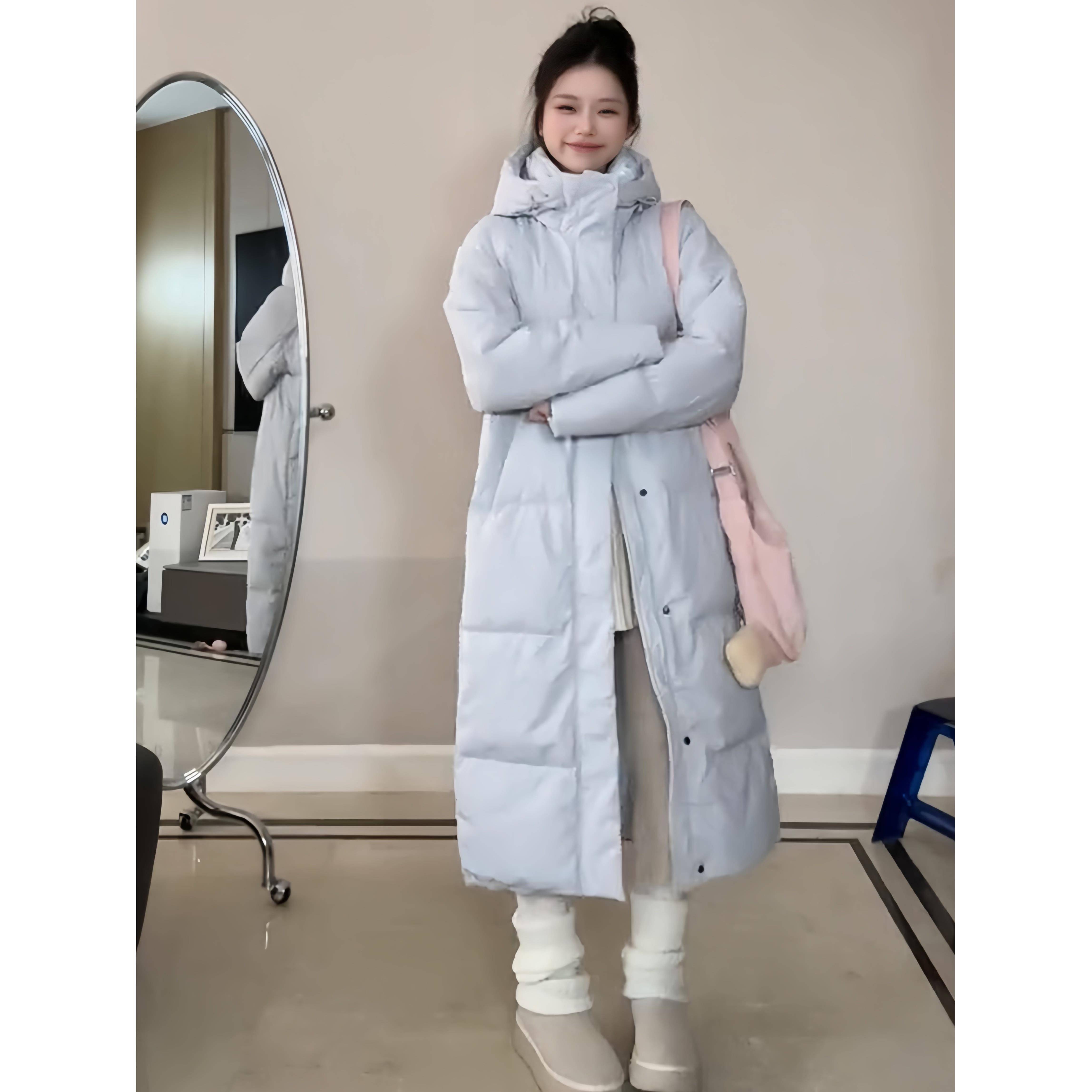 蓝色羽绒服中长款棉服女2025冬季新款小个子学生加厚保暖过膝棉袄