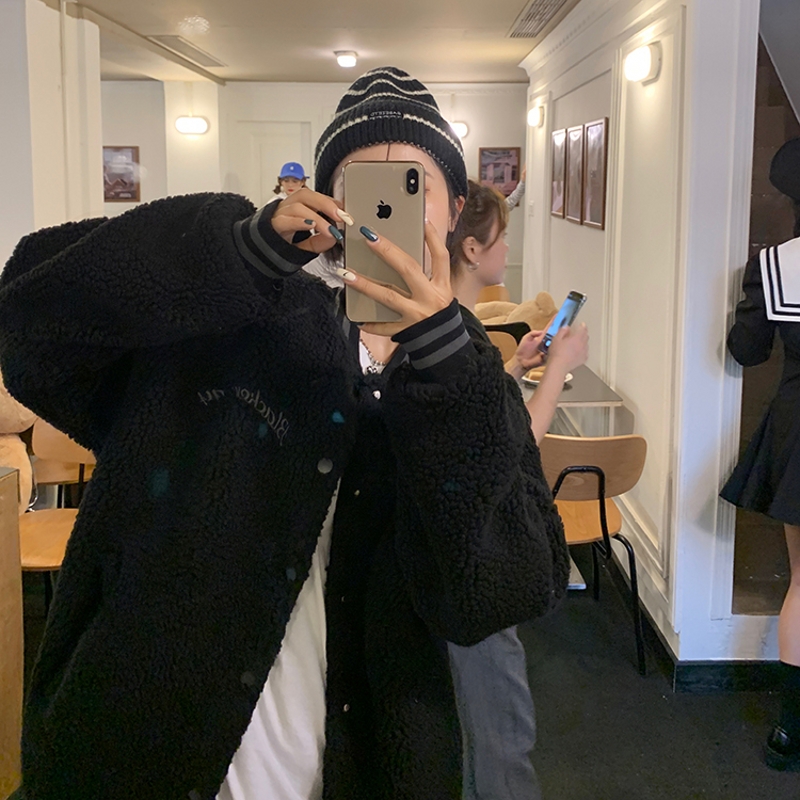 bf原宿风潮牌情侣装羊羔毛外套女