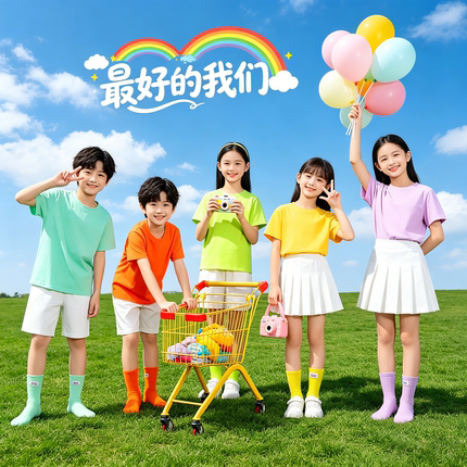 儿童演出服纯棉彩色短袖T恤套装运动会班服幼儿园糖果色亲子装夏