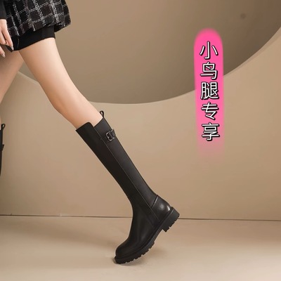 叮铛家小鸟腿真皮超高长筒靴平底