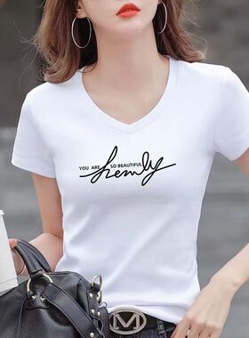 女装短袖t恤印花V领半袖夏季轻薄透气优质柔软面料修身打底上衣