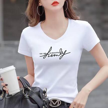 女装短袖t恤印花V领半袖夏季轻薄透气优质柔软面料修身打底上衣