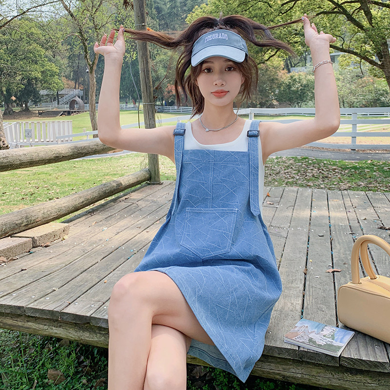 酷盐系背带裙夏季女2023设计感小个子连衣裙短牛仔裙p105k158，女装连衣裙，铱本正襟