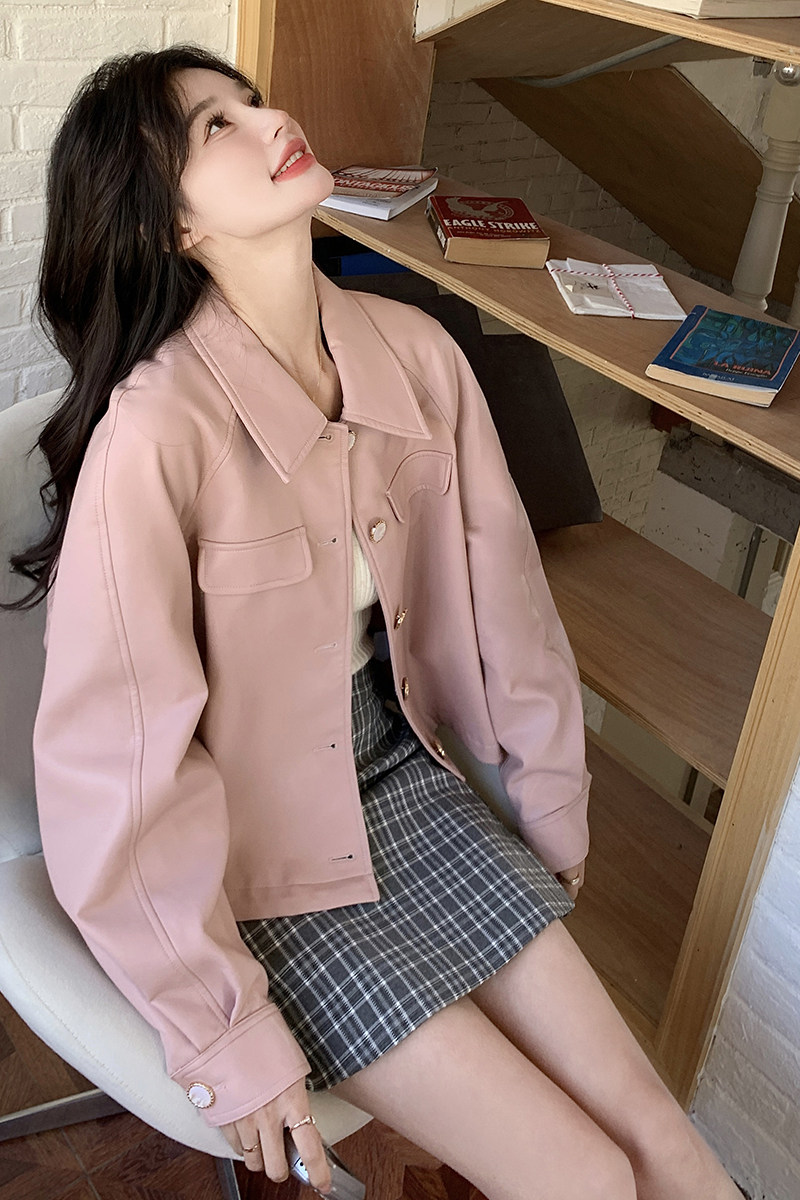 粉色简约翻领小皮衣女2025春季新韩版设计感时尚小个子PU皮外套潮,女装短外套,铱本正襟