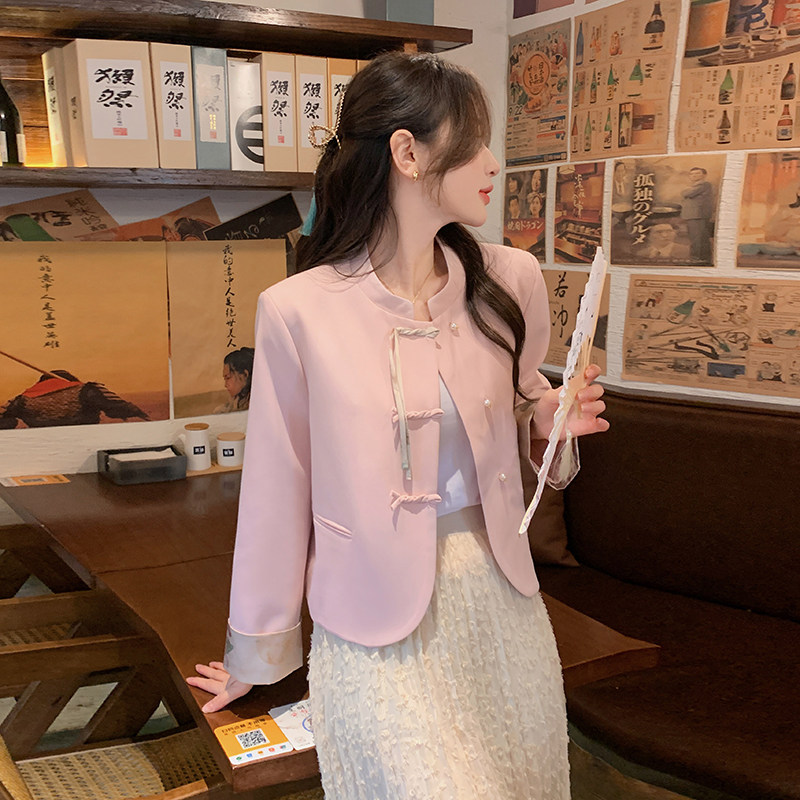 新中式国风粉色外套女2024新款早春新款超好看唐装小个子短款上衣,女装短外套,铱本正襟