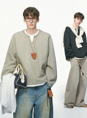 Dream made 美式假两件V领卫衣男秋冬季加绒加厚重磅男生内搭上衣