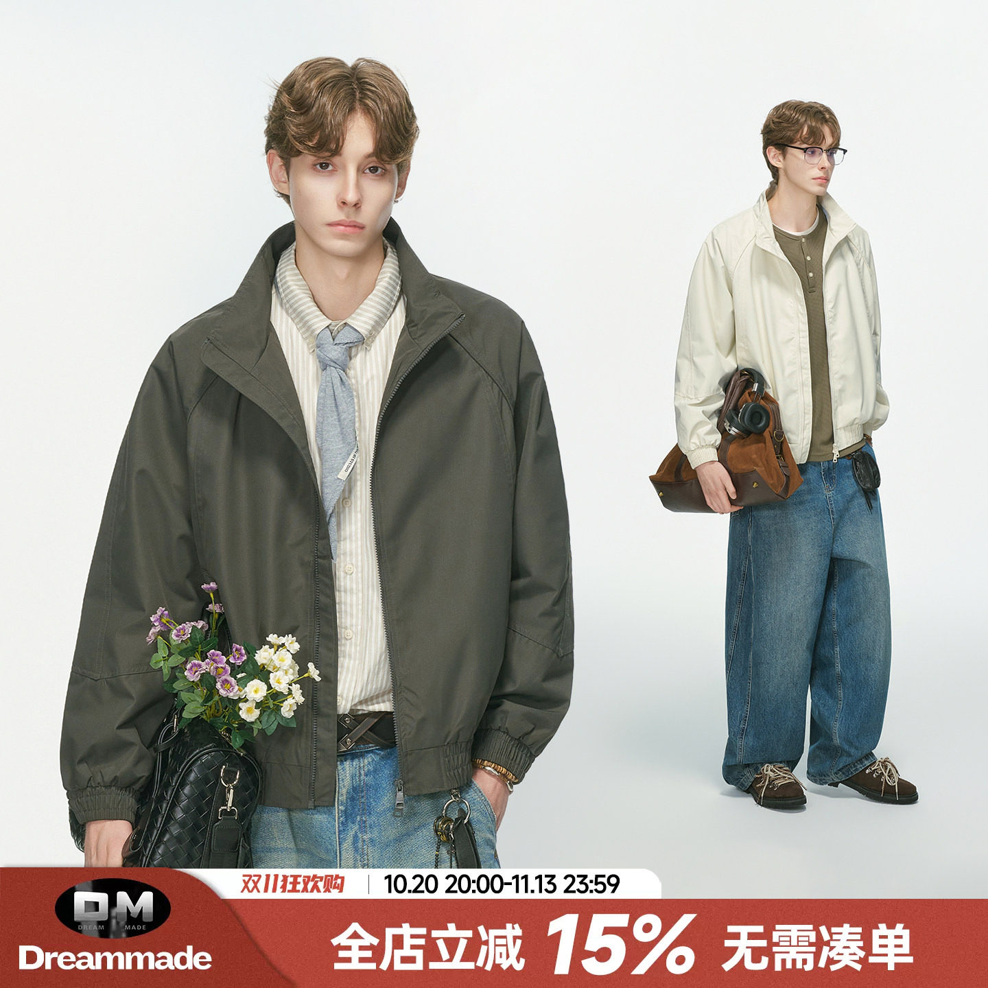 Dream made美式双拉链行政夹克男款秋季通勤飞行教练防风短宽外套