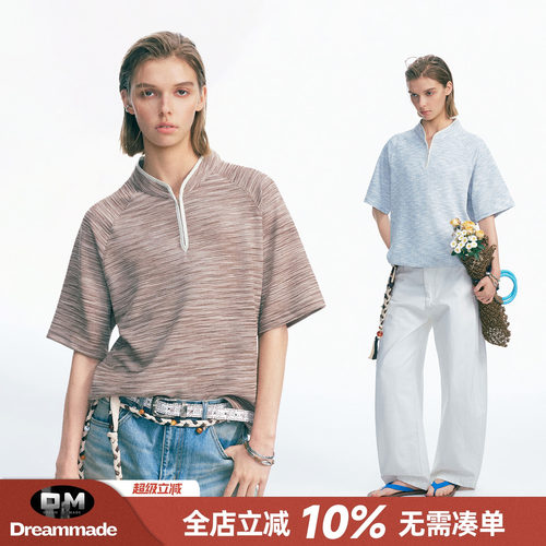 Dream made 老钱风华夫格段彩短袖T恤男生夏季情侣半拉链薄款上衣