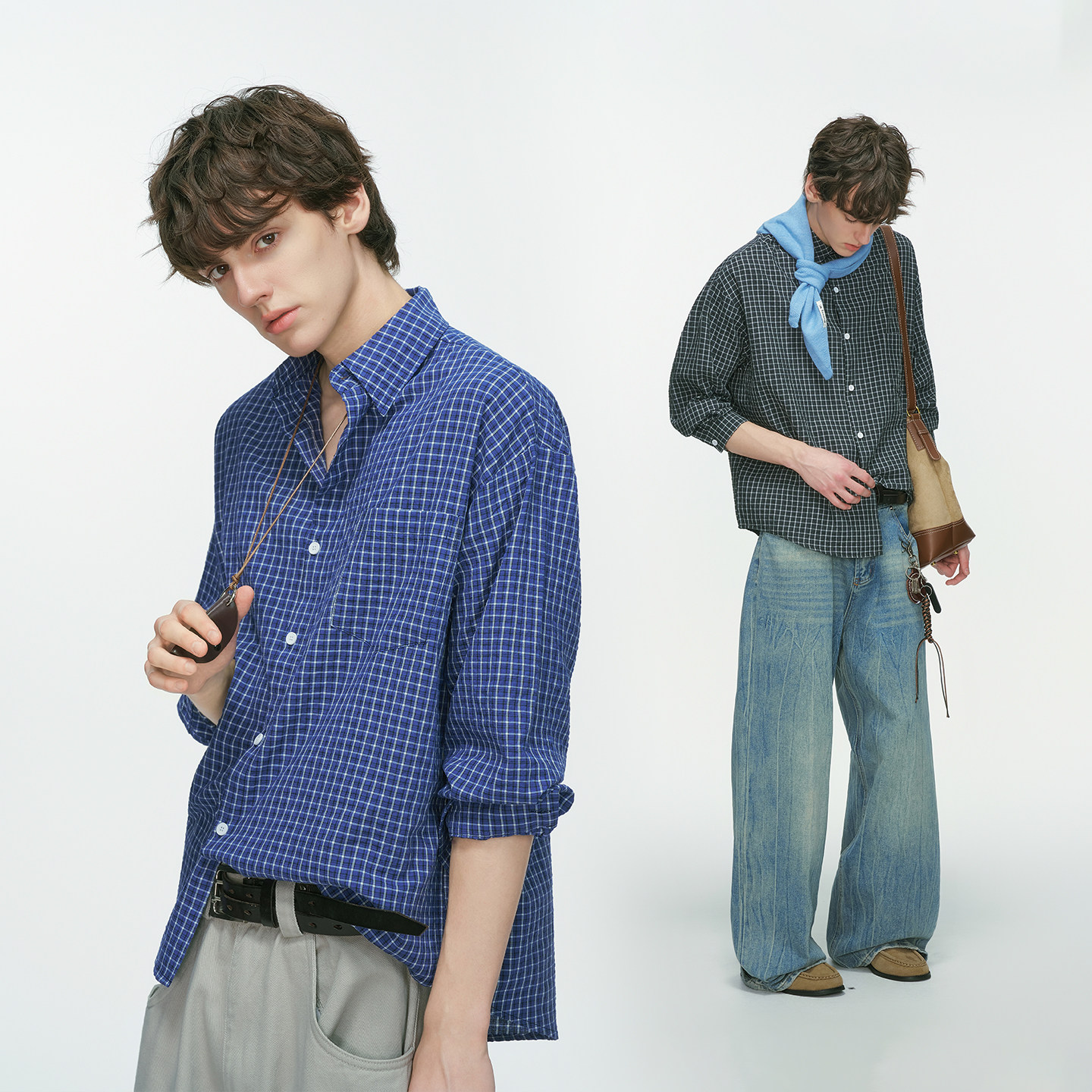 Dream made高智感蓝色格子长袖衬衫男春秋季美式休闲内搭情侣衬衣
