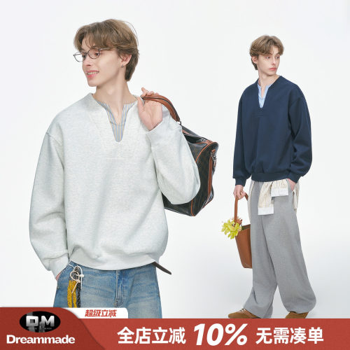 Dream made 美式假两件亨利领卫衣男款春秋季休闲男生V领长袖上衣