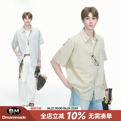 Dream made 美式高智感格纹短袖衬衫男款夏季人夫感男生格子衬衣