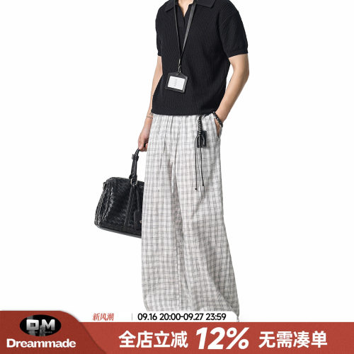 Dream made 泡泡纱格子A字抽绳休闲裤男秋季新款透气格纹裤子男生