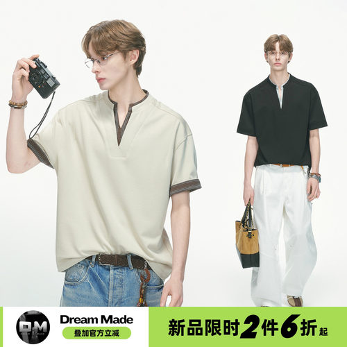 Dream made老钱风假两件V领短袖T恤男2026夏季新款亨利领男生半袖