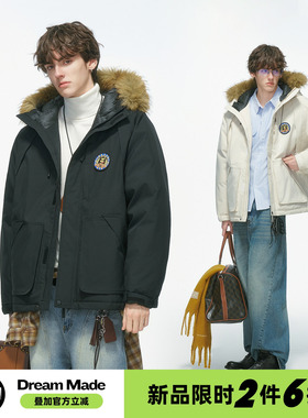 Dream made美式毛领连帽棉服男款冬季加厚派克服男生冬装棉袄外套