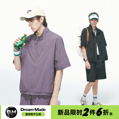 Dream made 美式休闲立领开衫短袖外套短裤套装男夏季新款两件套