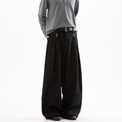 Dream made美式褶皱丹宁原牛色牛仔裤男春秋直筒阔腿vibe风格裤子