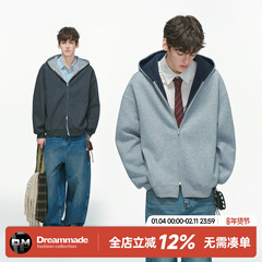 Dream made美式cleanfit双拉链开衫连帽卫衣男秋冬季重磅男生外套