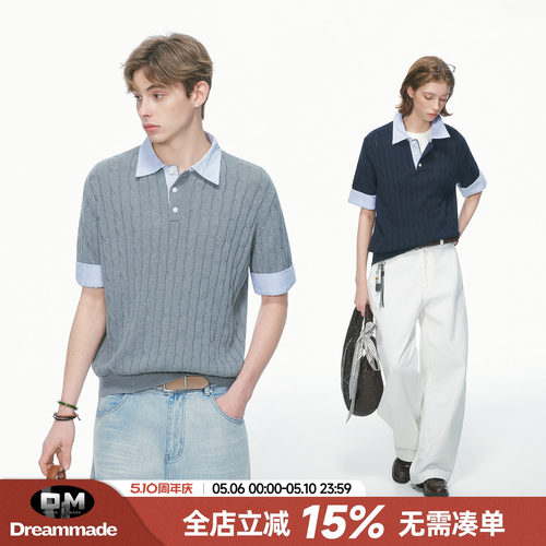 Dream made 老钱风假两件衬衫领针织短袖polo衫男款夏季情侣T恤女