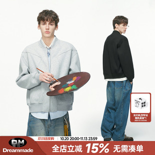 Dreammade 美式重磅灰色开衫卫衣男春秋季新款棒球服男生夹克外套