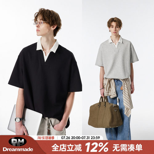 Dream made 假两件学院风V领短袖polo衫男款夏季美式休闲男生T恤