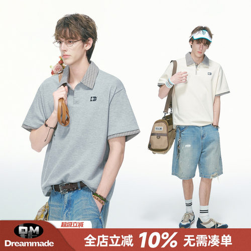 Dream made 人夫感假两件格子POLO衫短袖男款夏季美式男生半袖T恤