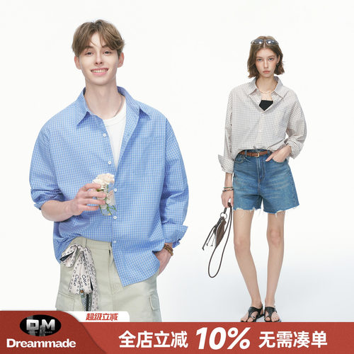 Dream made蓝色格子情侣衬衫男女春夏季新款休闲内搭男生长袖衬衣