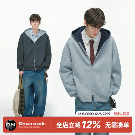 Dream made美式cleanfit双拉链开衫连帽卫衣男秋冬季重磅男生外套