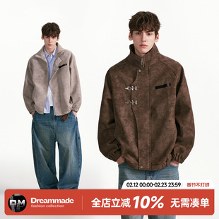 Dream made 美式复古扎染飞机扣PU皮衣外套男秋季高级感机车夹克