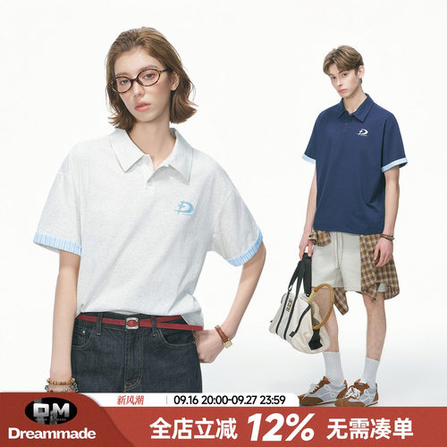 Dream made 高智感撞色条纹短袖polo衫男女款夏季美式休闲情侣T恤