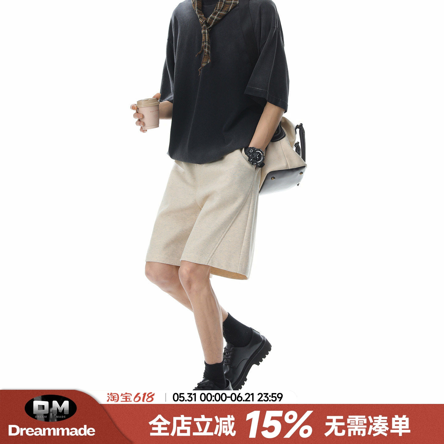 Dream made 美式复古风拼接直筒卫裤男生夏季新款休闲五分短裤子
