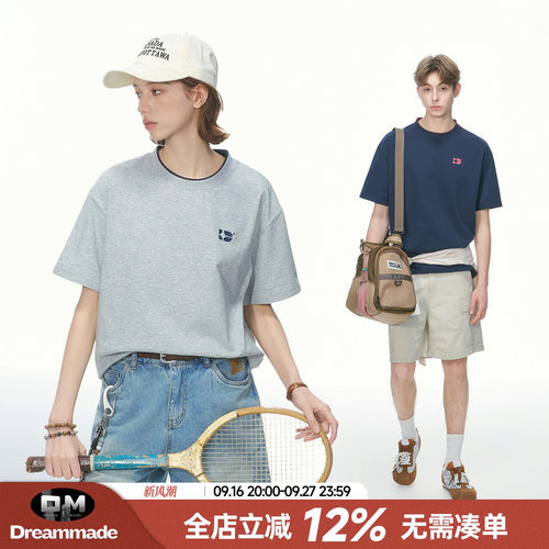 Dream made 美式高智感假两件印花T恤男夏季新款圆领撞色情侣上衣