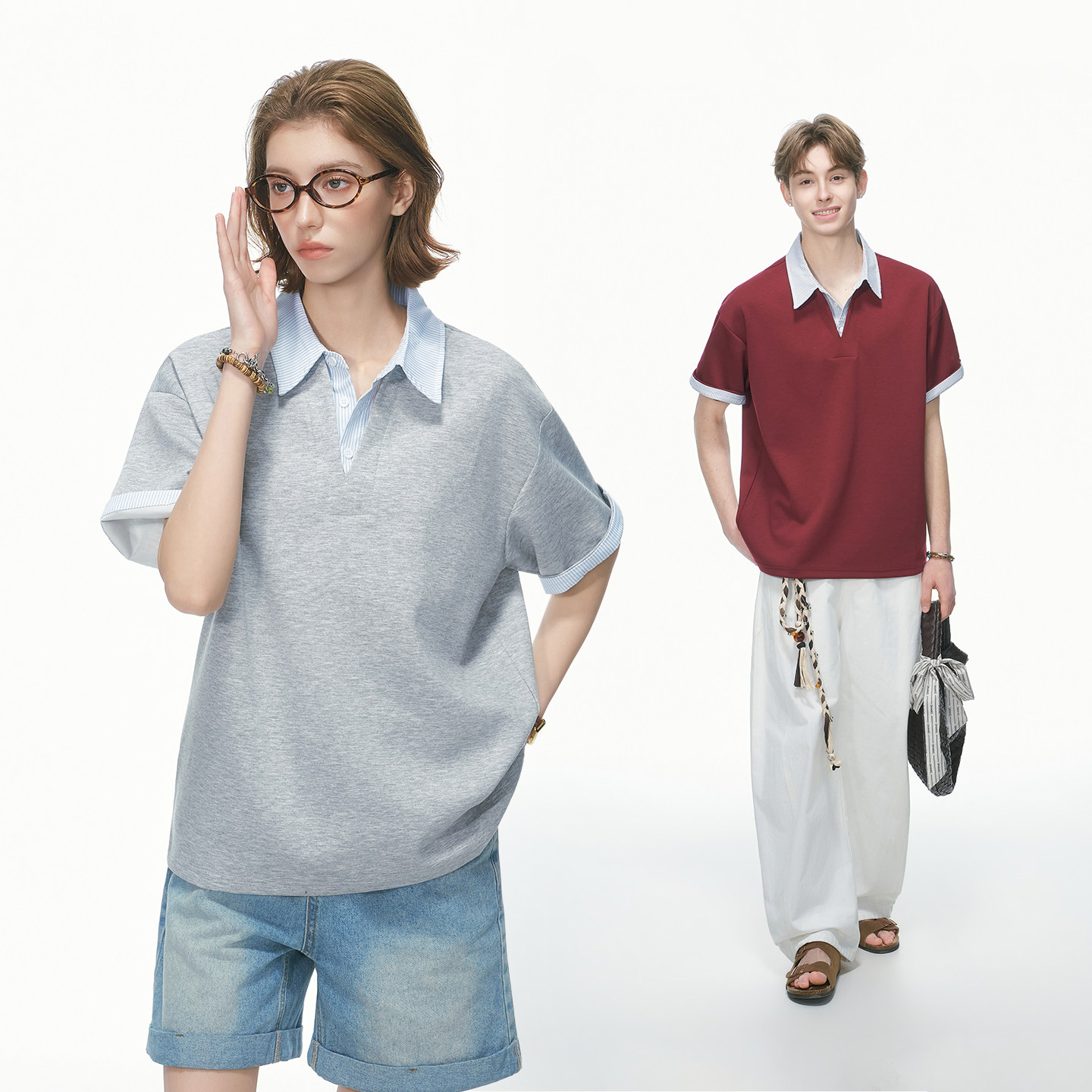 Dream made 假两件短袖polo衫男女夏季情侣衬衫领cleanfit半袖T恤