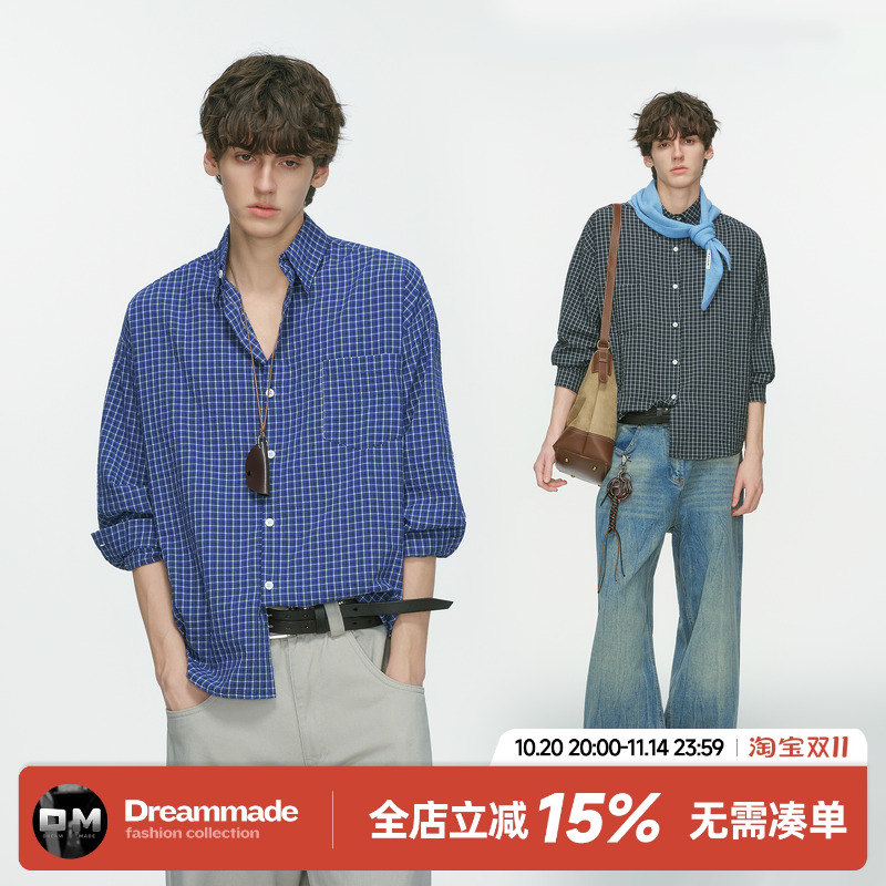 Dream made 美式高级感蓝色格子长袖衬衫男春秋季学院风休闲衬衣