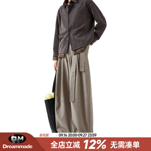 Dream made 复古老钱风褶皱腰带拼接西裤男秋季直筒休闲男生裤子