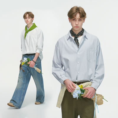 Dream made 美式通勤条纹白色衬衫男款秋季休闲内搭情侣长袖衬衣