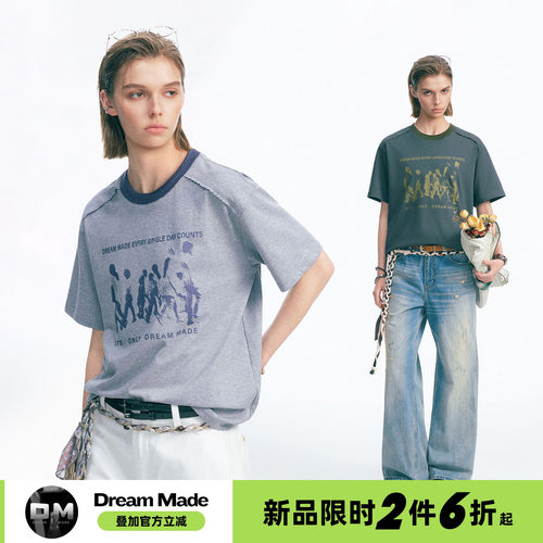 Dream made 美式人物印花圆领短袖男女款夏季撞色正肩男生半袖T恤