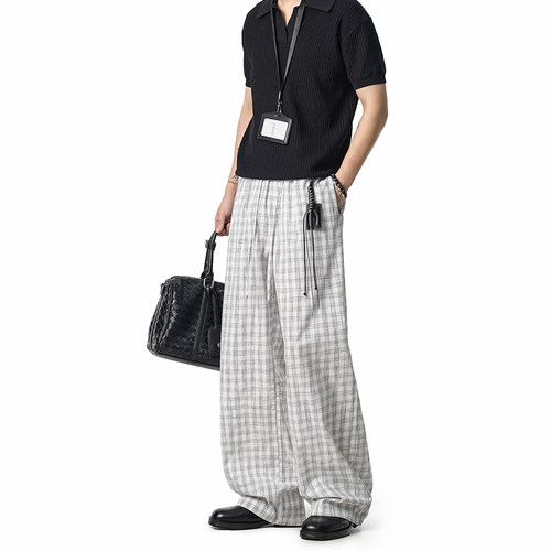 Dream made 泡泡纱格子A字抽绳休闲裤男夏季薄款透气格纹裤子男生