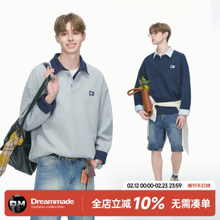 Dream made假两件撞色衬衫领polo衫刺绣卫衣男春季肌理感男生上衣