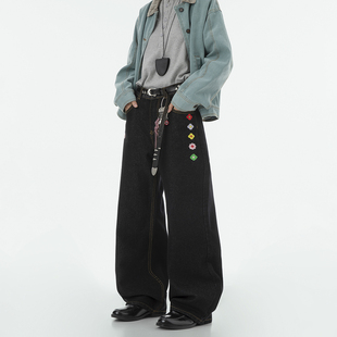 直筒情侣裤 Dream 男春秋季 花朵刺绣丹宁原牛色复古牛仔裤 子 made