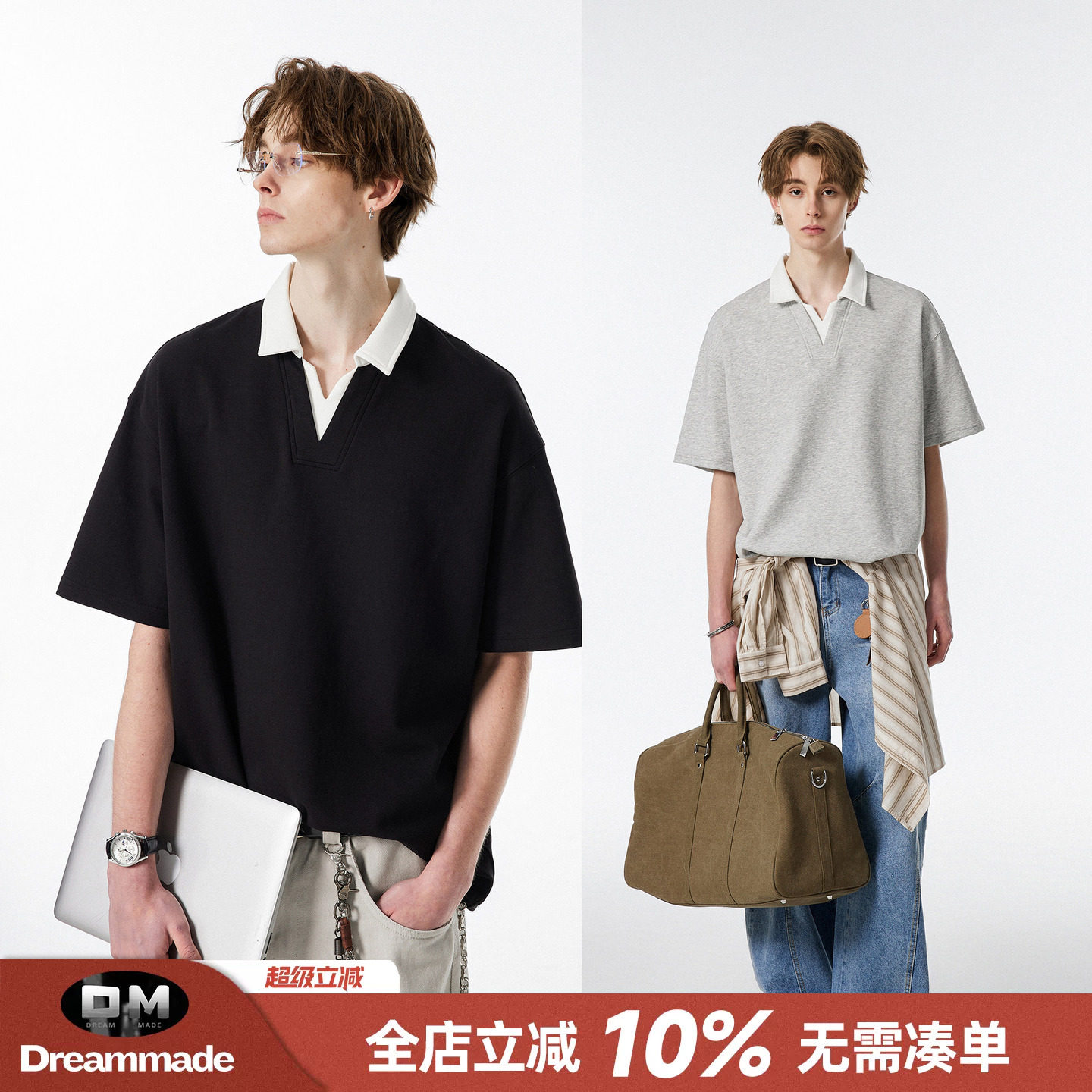 Dream made 假两件学院风V领短袖polo衫男款夏季美式休闲男生T恤图片
