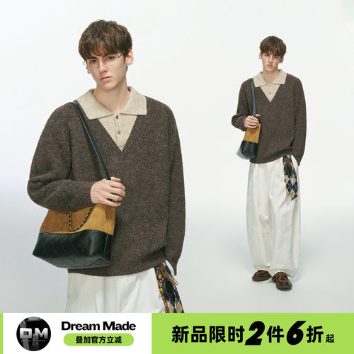 Dream made老钱风羊毛混纺假两件撞色毛衣男秋季人夫感穿搭针织衫