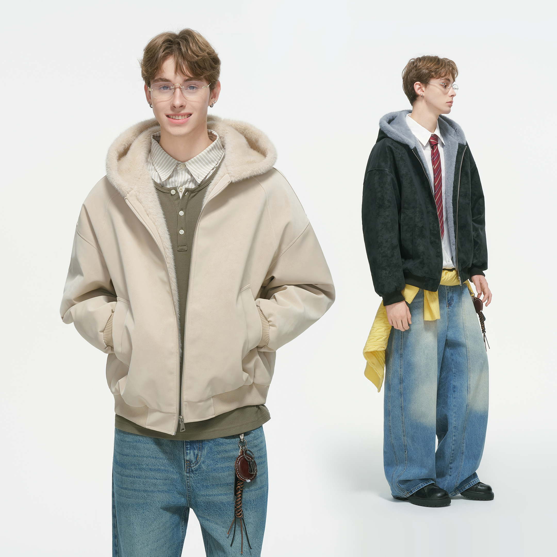 Dream made 仿兔毛连帽座山雕外套美式皮棉衣男冬季加绒加厚棉服