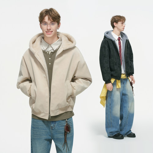 Dream made 冬装仿兔毛座山雕外套美式皮棉衣男冬季加绒加厚棉服