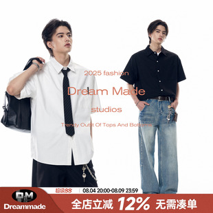 Dream made美式纯棉廓形白色短袖衬衫男夏季休闲宽松男生衬衣外套