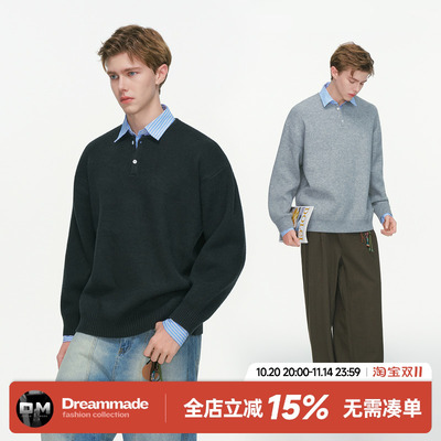 Dream made假两件学院风毛衣男款秋冬季慵懒风情侣针织衫男生上衣