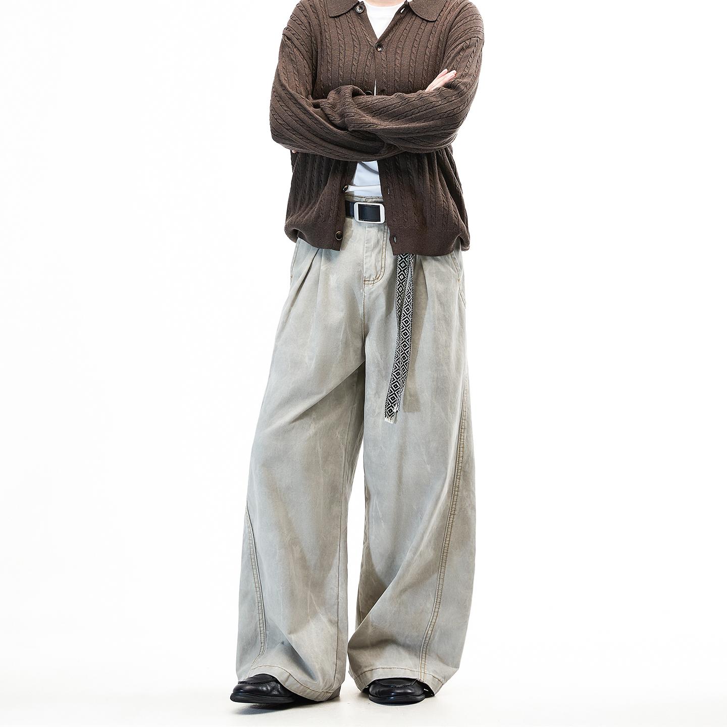 Dream made 水洗做旧扎染褶皱休闲裤男款秋冬季直筒宽松阔腿裤子